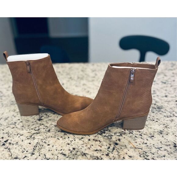 FISACE Womens V Cut Out Ankle Boot Pointed Toe Snakeskin Chunky Stacked Mid Heel - Picture 3 of 7